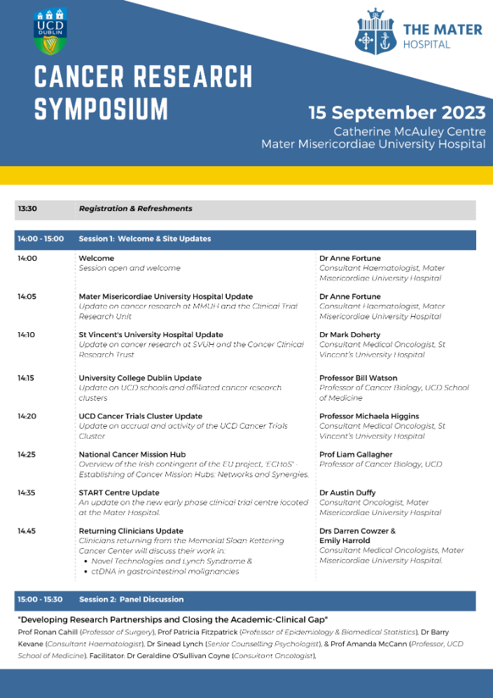 Programme for cancer research symposium at the Mater in September 2023 - page 1